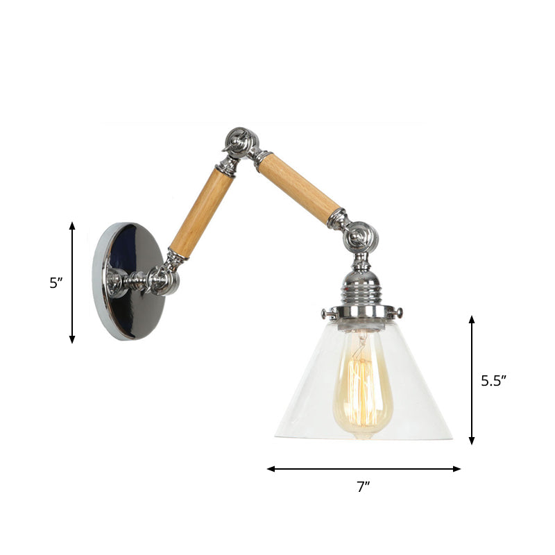 Frendorf | Braun-Silber 1-Glühbirnen-Lese-Wandleuchte Loft Klarglas Birne/Teller/Glockenschirm Wandbeleuchtung mit Holz 2-Gelenk-Schwenkarms