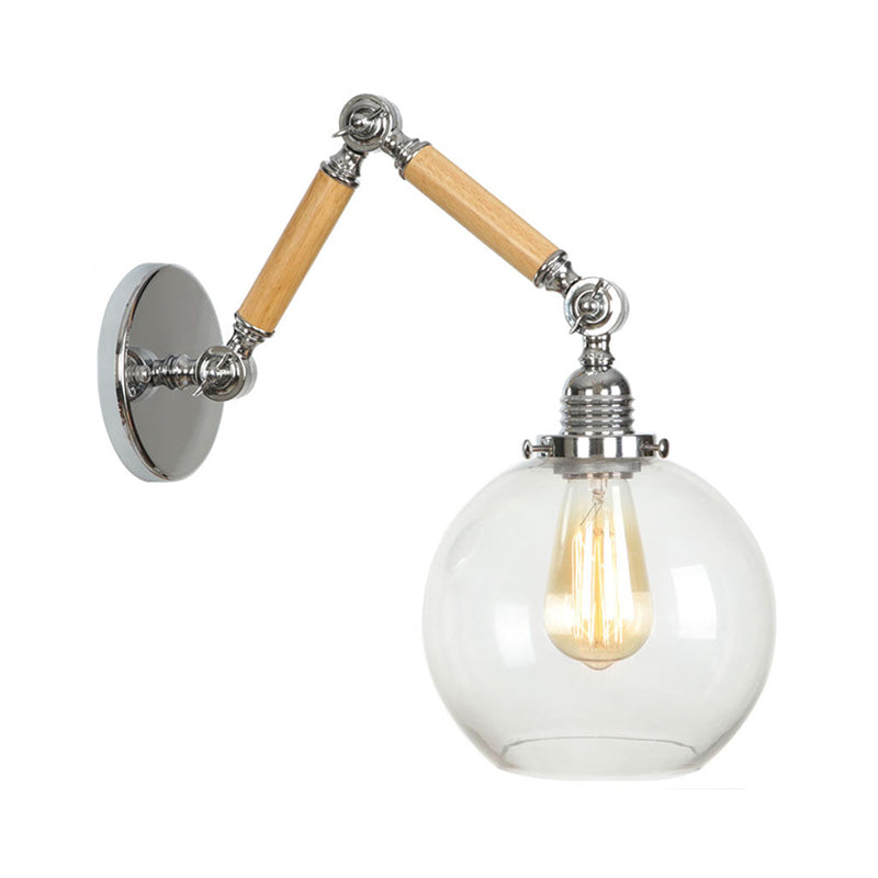 Frendorf | Braun-Silber 1-Glühbirnen-Lese-Wandleuchte Loft Klarglas Birne/Teller/Glockenschirm Wandbeleuchtung mit Holz 2-Gelenk-Schwenkarms