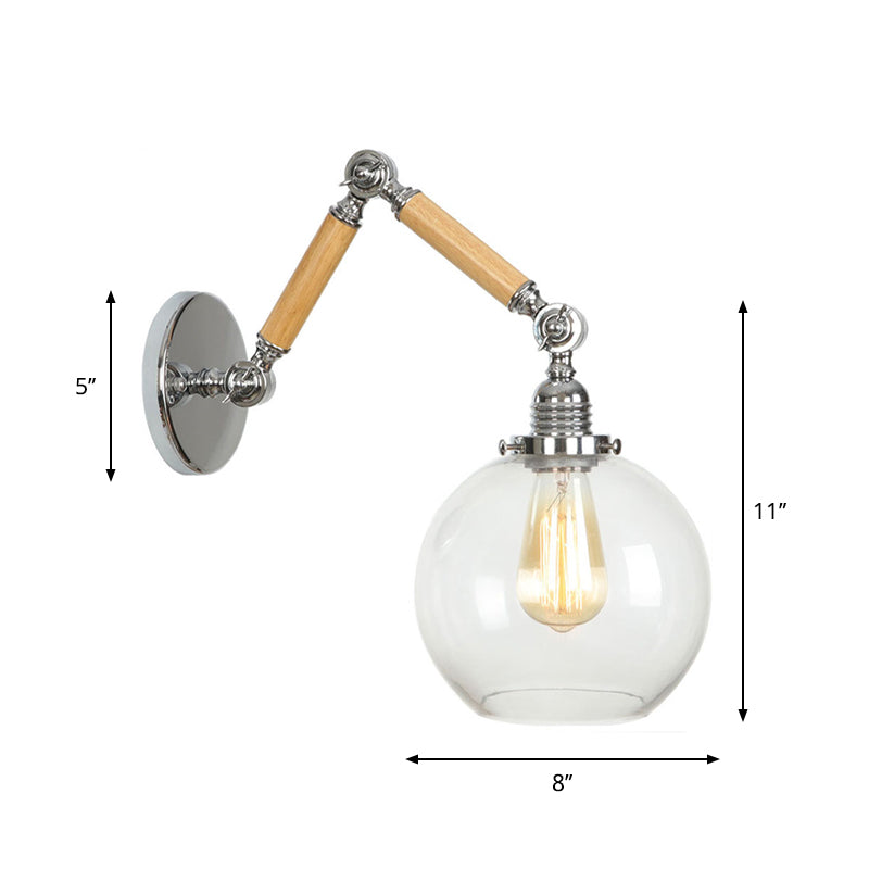 Frendorf | Braun-Silber 1-Glühbirnen-Lese-Wandleuchte Loft Klarglas Birne/Teller/Glockenschirm Wandbeleuchtung mit Holz 2-Gelenk-Schwenkarms