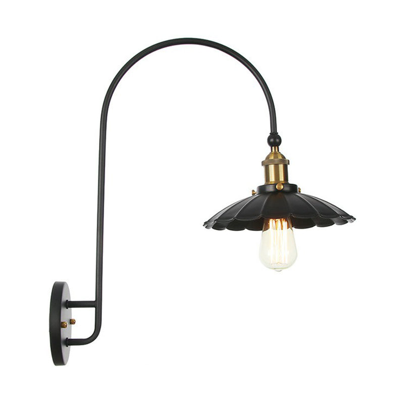 Frendorf | Eisen Scheune/Schale/Wellenschliff Wandlicht Kit Vintage 1 Glühbirne Nachttisch Lese Wandlampe mit geschwungenem Arm in Schwarz