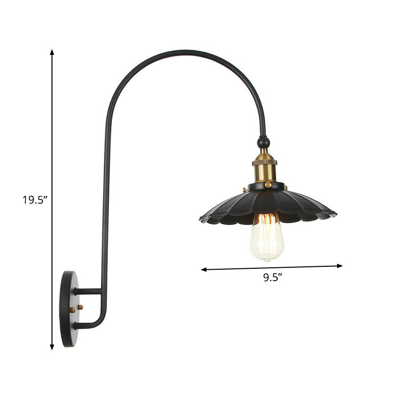 Frendorf | Eisen Scheune/Schale/Wellenschliff Wandlicht Kit Vintage 1 Glühbirne Nachttisch Lese Wandlampe mit geschwungenem Arm in Schwarz