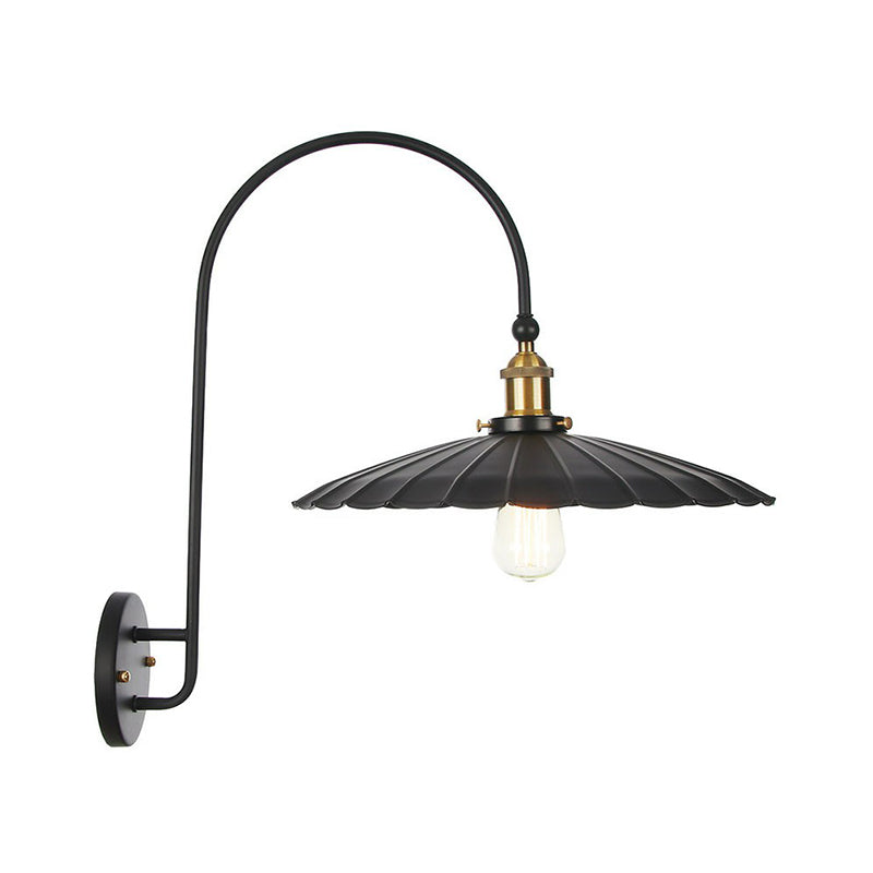Frendorf | Eisen Scheune/Schale/Wellenschliff Wandlicht Kit Vintage 1 Glühbirne Nachttisch Lese Wandlampe mit geschwungenem Arm in Schwarz