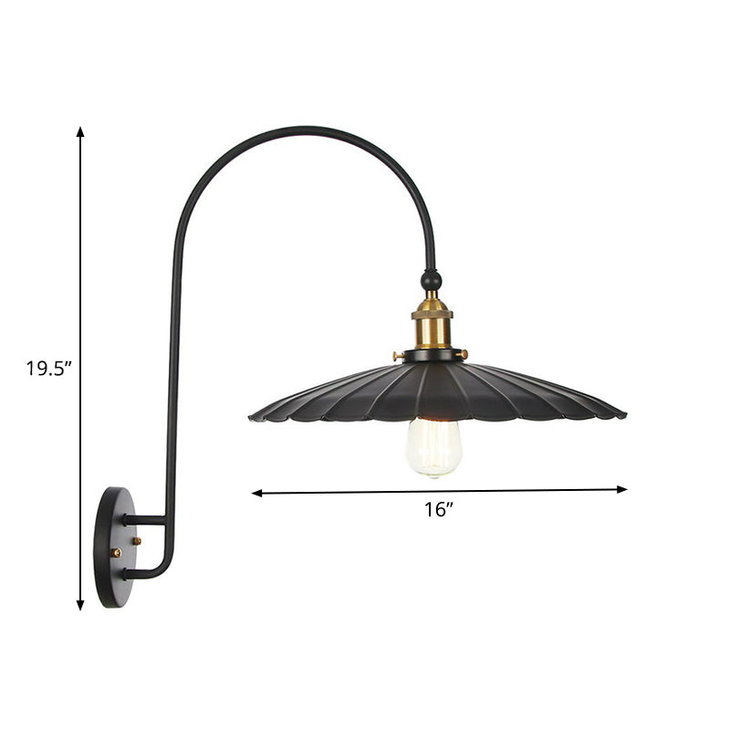 Frendorf | Eisen Scheune/Schale/Wellenschliff Wandlicht Kit Vintage 1 Glühbirne Nachttisch Lese Wandlampe mit geschwungenem Arm in Schwarz