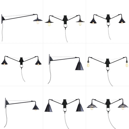 Frendorf | Industriële Scalloped/Exposed Wandlamp 1/2-Licht IJzeren Plug-in Wandgemonteerde Verlichting met Lange Swingarm in Zwart