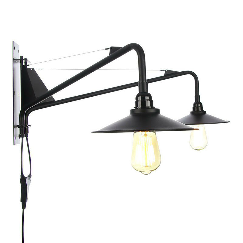 Frendorf | Industriële Scalloped/Exposed Wandlamp 1/2-Licht IJzeren Plug-in Wandgemonteerde Verlichting met Lange Swingarm in Zwart