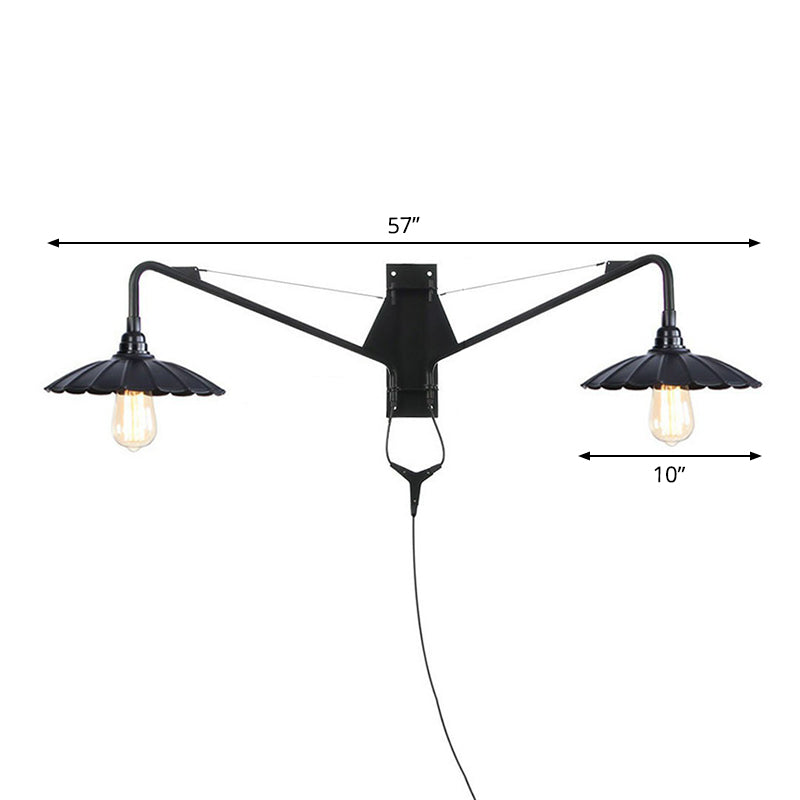 Frendorf | Industriële Scalloped/Exposed Wandlamp 1/2-Licht IJzeren Plug-in Wandgemonteerde Verlichting met Lange Swingarm in Zwart