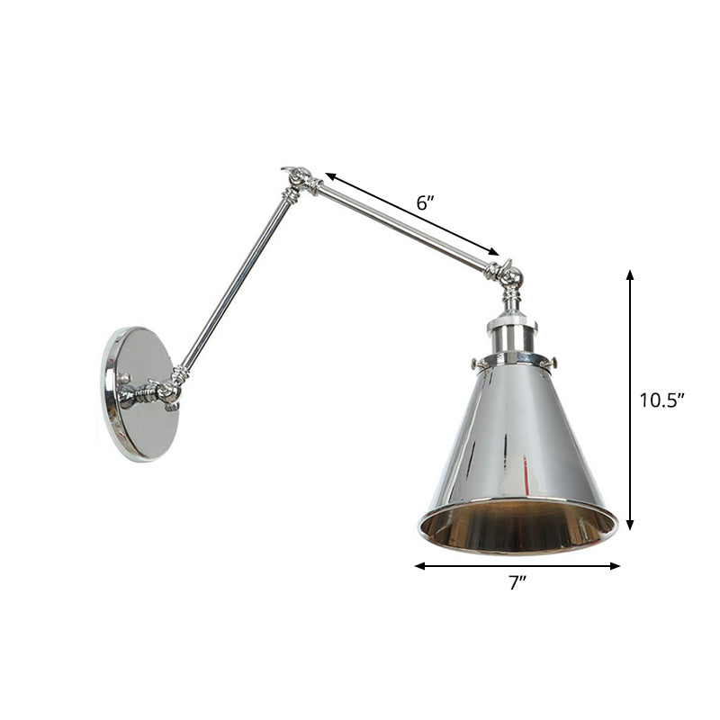 Frendorf | Untertasse/Kegel/Horn Nachttisch Lese Wandlampe Fabrik Metall Einzel 6"/8" W Chrom Wandmontage Lichtarmatur mit drehbarem Arm