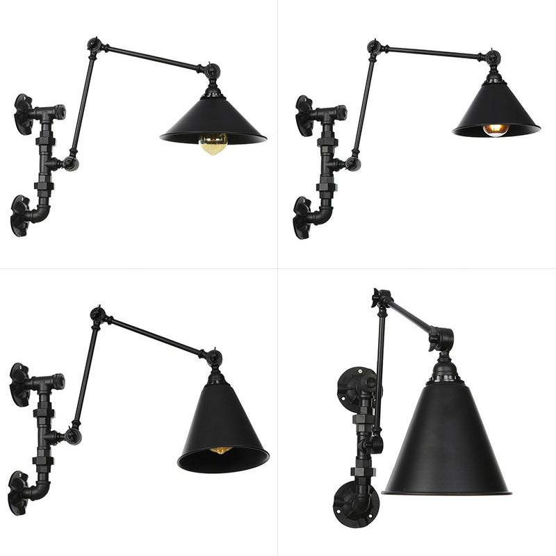 Frendorf | Cone/Geflared Wohnzimmer Wandlampe Leuchte Industrielles Eisen 1-licht Schwarz Drehbare Wandbeleuchtung mit Wasserrohrhalterung
