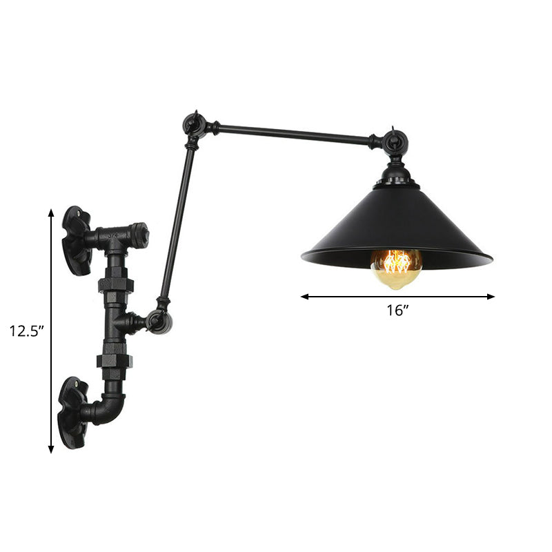Frendorf | Cone/Geflared Wohnzimmer Wandlampe Leuchte Industrielles Eisen 1-licht Schwarz Drehbare Wandbeleuchtung mit Wasserrohrhalterung