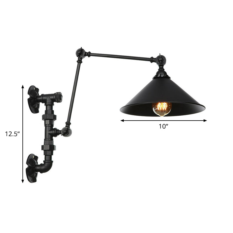 Frendorf | Cone/Geflared Wohnzimmer Wandlampe Leuchte Industrielles Eisen 1-licht Schwarz Drehbare Wandbeleuchtung mit Wasserrohrhalterung