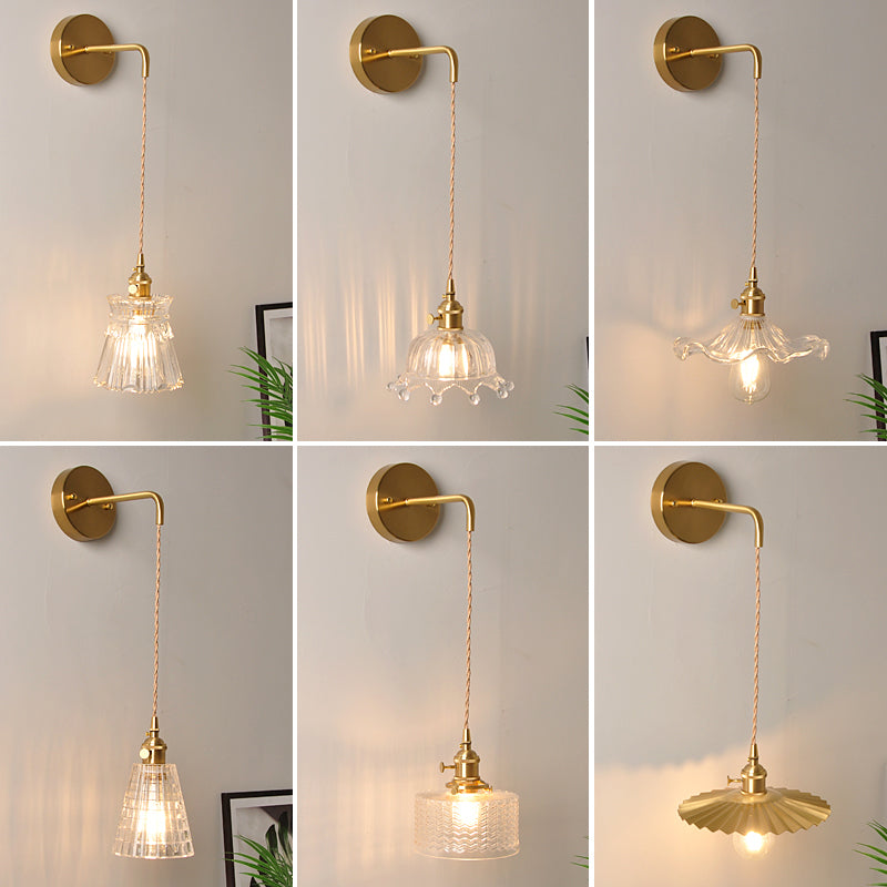 Frendorf | Schüssel/Zylinder Nachtwandverlichting Antiek Klar Prisma/Golvend Glas 1 Lampe Messing Wandlampe mit Rotationsschalter
