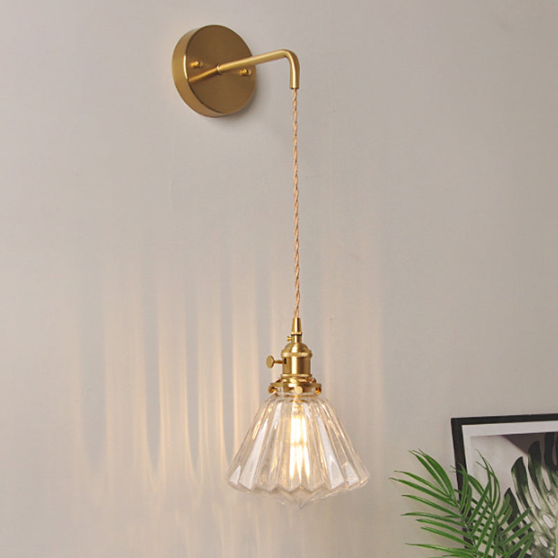 Frendorf | Schüssel/Zylinder Nachtwandverlichting Antiek Klar Prisma/Golvend Glas 1 Lampe Messing Wandlampe mit Rotationsschalter