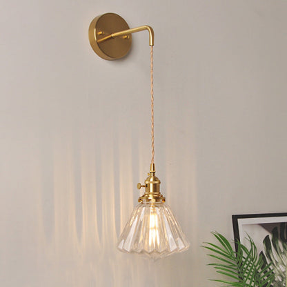 Frendorf | Schüssel/Zylinder Nachtwandverlichting Antiek Klar Prisma/Golvend Glas 1 Lampe Messing Wandlampe mit Rotationsschalter