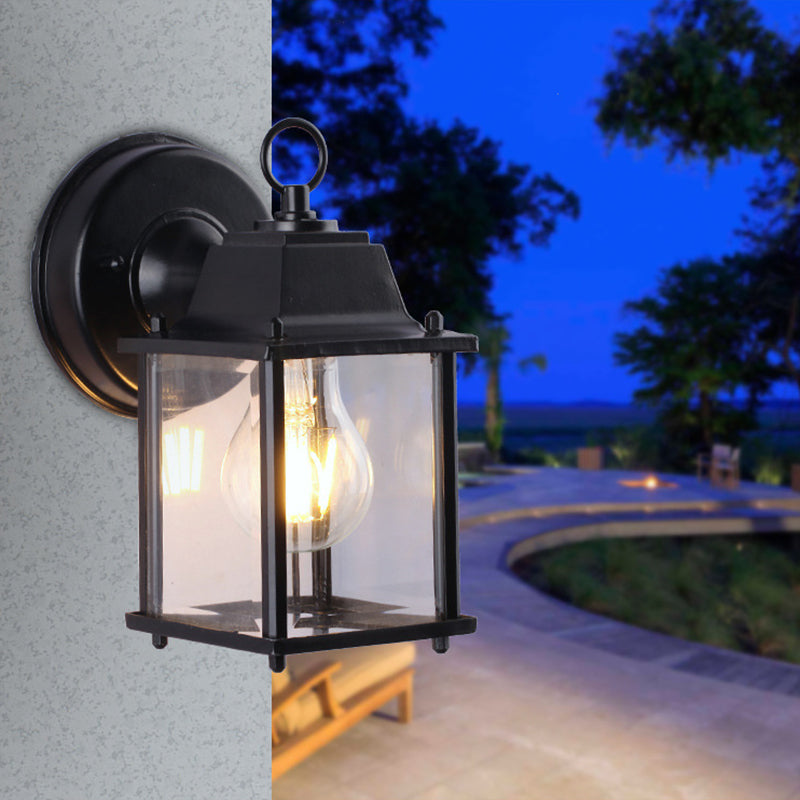 Frendorf | Industrielle Quadrat Schirm Wandlampe 1 Glühlampe Klarglas Wandmontierte Beleuchtung in Schwarz für Außen