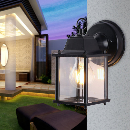 Frendorf | Industrielle Quadrat Schirm Wandlampe 1 Glühlampe Klarglas Wandmontierte Beleuchtung in Schwarz für Außen