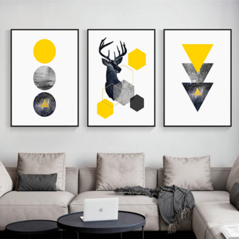 Frendorf | Elch und geometrische Formen Leinwandkunst Gelb nordische Wanddekoration für Raum (Set von 3)