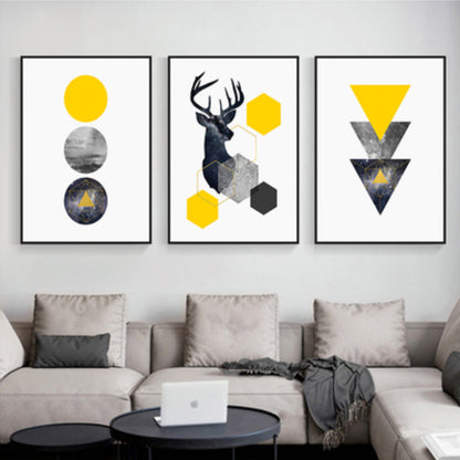 Frendorf | Elch und geometrische Formen Leinwandkunst Gelb nordische Wanddekoration für Raum (Set von 3)