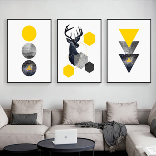 Frendorf | Elch und geometrische Formen Leinwandkunst Gelb nordische Wanddekoration für Raum (Set von 3)