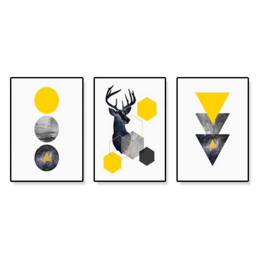 Frendorf | Elch und geometrische Formen Leinwandkunst Gelb nordische Wanddekoration für Raum (Set von 3)
