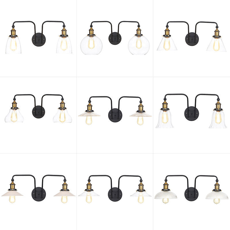 Frendorf | Industrielle konische/wellenförmige/abgefächerte Wandleuchte Glas und Metall schwarz 2-Birnen Wandmontage Lampe für Innenräume