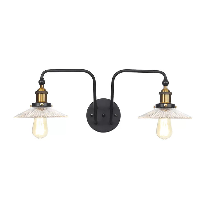 Frendorf | Industrielle konische/wellenförmige/abgefächerte Wandleuchte Glas und Metall schwarz 2-Birnen Wandmontage Lampe für Innenräume