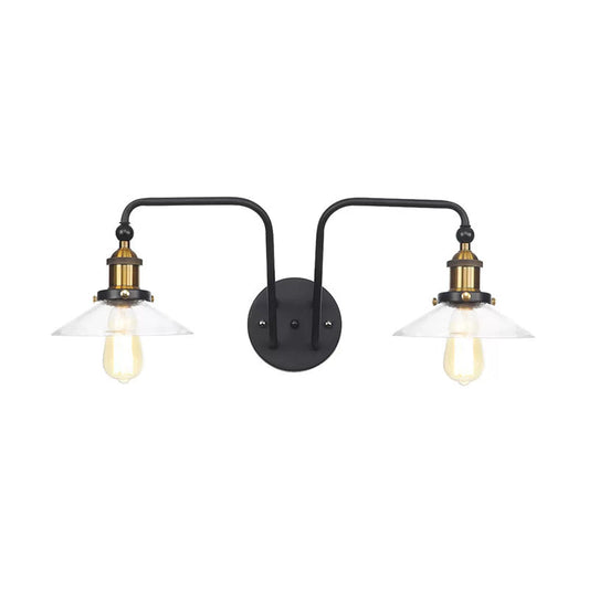 Frendorf | Industrielle konische/wellenförmige/abgefächerte Wandleuchte Glas und Metall schwarz 2-Birnen Wandmontage Lampe für Innenräume