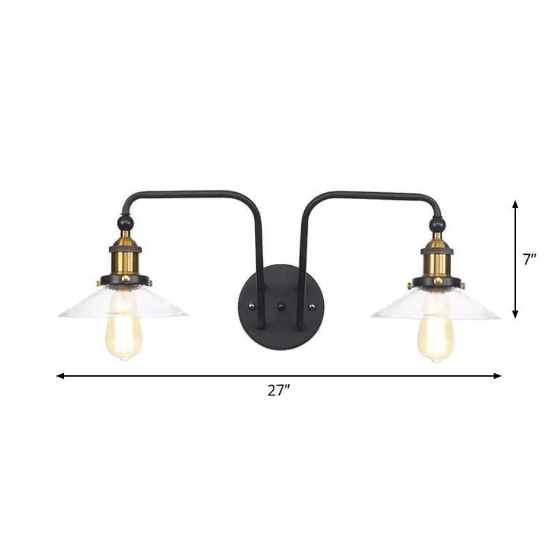 Frendorf | Industrielle konische/wellenförmige/abgefächerte Wandleuchte Glas und Metall schwarz 2-Birnen Wandmontage Lampe für Innenräume