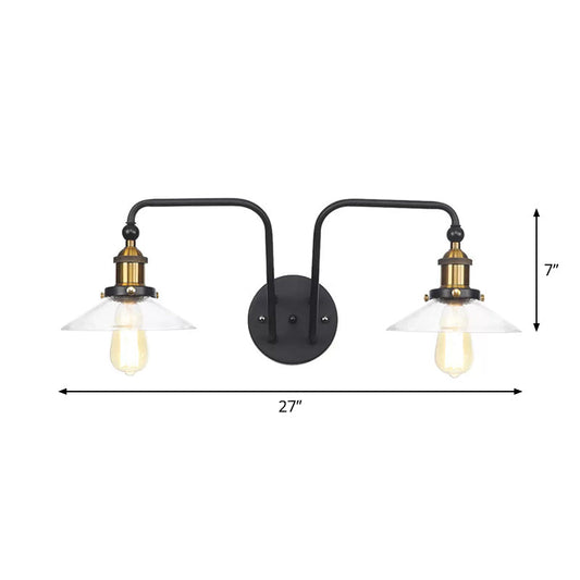 Frendorf | Industrielle konische/wellenförmige/abgefächerte Wandleuchte Glas und Metall schwarz 2-Birnen Wandmontage Lampe für Innenräume