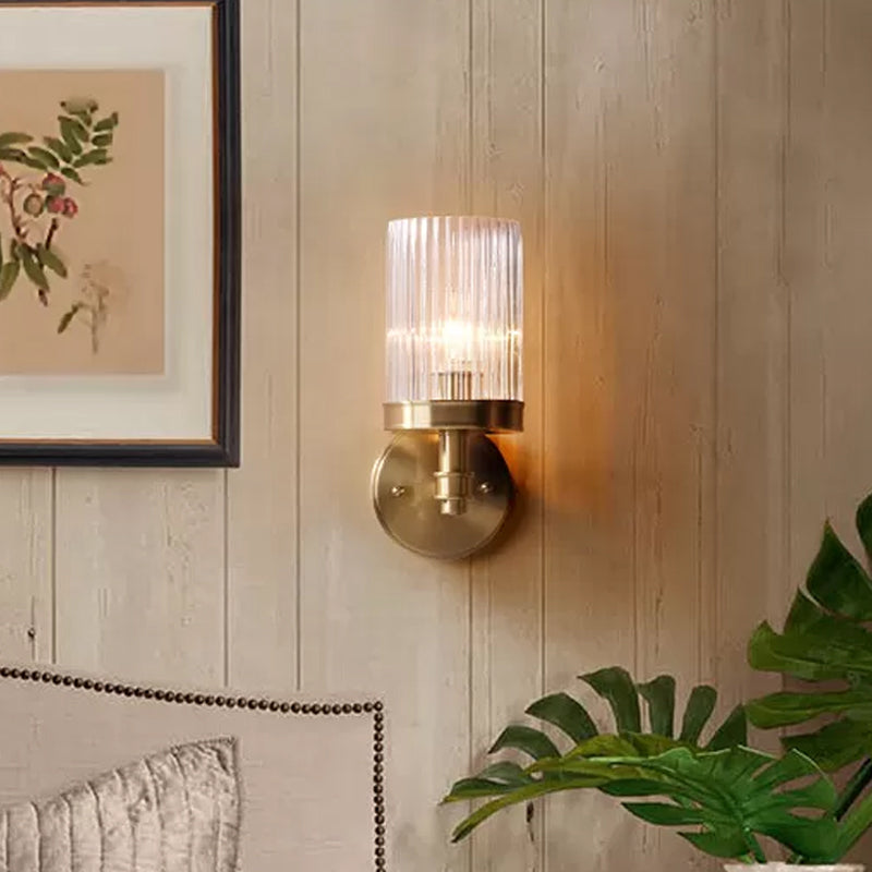 Frendorf | 1-Licht Wandmontage Lamp Traditionele Zylinder Transparante Glas Wandleuchte in Braun/Gold über dem Bett