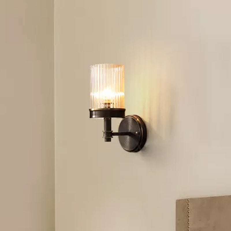 Frendorf | 1-Licht Wandmontage Lamp Traditionele Zylinder Transparante Glas Wandleuchte in Braun/Gold über dem Bett