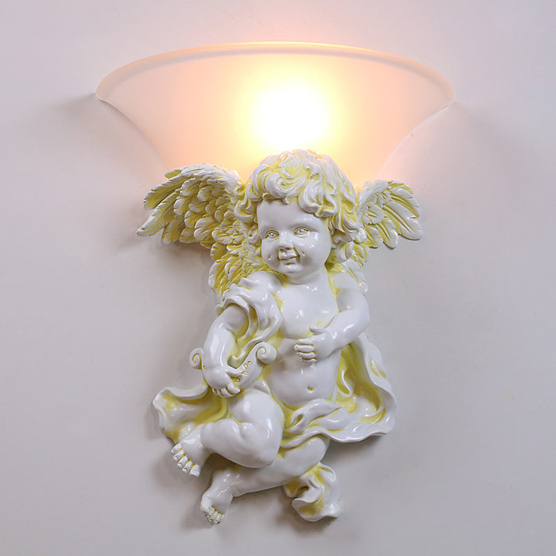 Frendorf | Wit/Goud Engel Wandlamp Koloniaal 1 Kop Hars Bevestigde Verlichting met Klokken Opale Glazen Schaduw, Jongen/Meisje