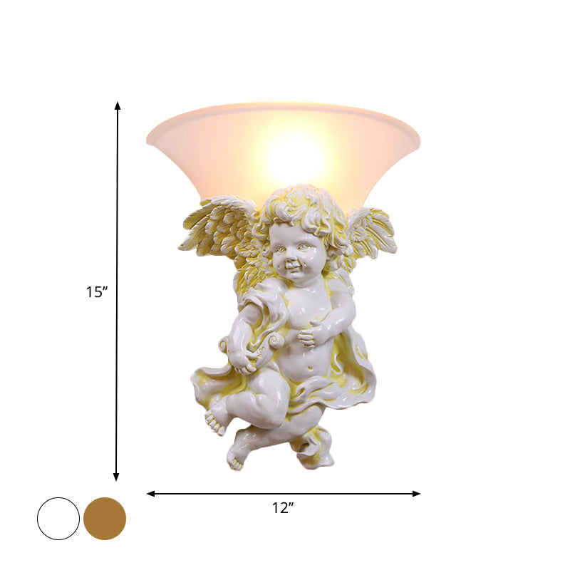 Frendorf | Wit/Goud Engel Wandlamp Koloniaal 1 Kop Hars Bevestigde Verlichting met Klokken Opale Glazen Schaduw, Jongen/Meisje