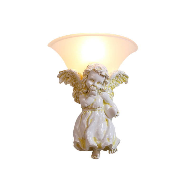 Frendorf | Wit/Goud Engel Wandlamp Koloniaal 1 Kop Hars Bevestigde Verlichting met Klokken Opale Glazen Schaduw, Jongen/Meisje
