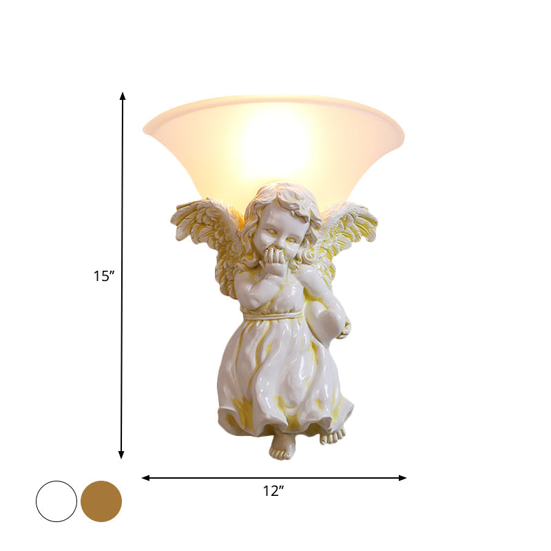 Frendorf | Wit/Goud Engel Wandlamp Koloniaal 1 Kop Hars Bevestigde Verlichting met Klokken Opale Glazen Schaduw, Jongen/Meisje