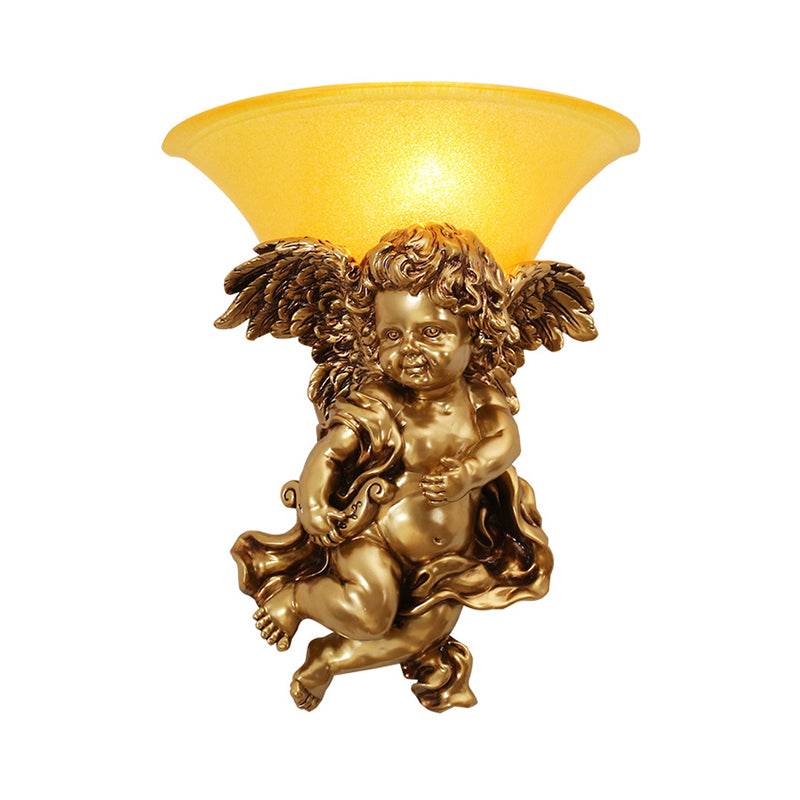 Frendorf | Wit/Goud Engel Wandlamp Koloniaal 1 Kop Hars Bevestigde Verlichting met Klokken Opale Glazen Schaduw, Jongen/Meisje