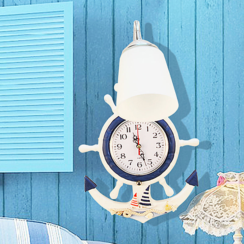 Frendorf | Nautische Stijl Rader Wandlamp met Klok 1 Licht Hout & Glas Wandlamp in Wit voor Baby Kamer