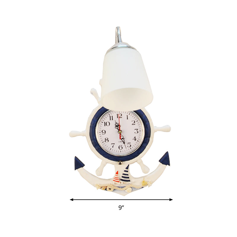 Frendorf | Nautische Stijl Rader Wandlamp met Klok 1 Licht Hout & Glas Wandlamp in Wit voor Baby Kamer