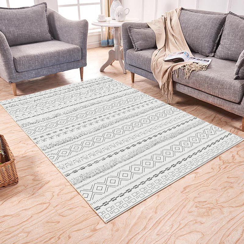 Ekletischer Bohemian Teppich in Elfenbein und Grau Geometrisches Streifenmuster Teppich Polyester Waschbarer Teppich für Wohnkultur
