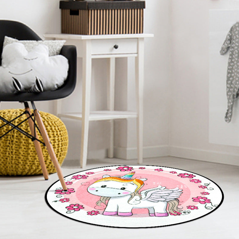 Frendorf | Pink Kinderzimmer Teppich Kinder Tier Einhorn Schwan Blumen Herz Muster Teppich Polyester Haustierfreundlicher Teppich