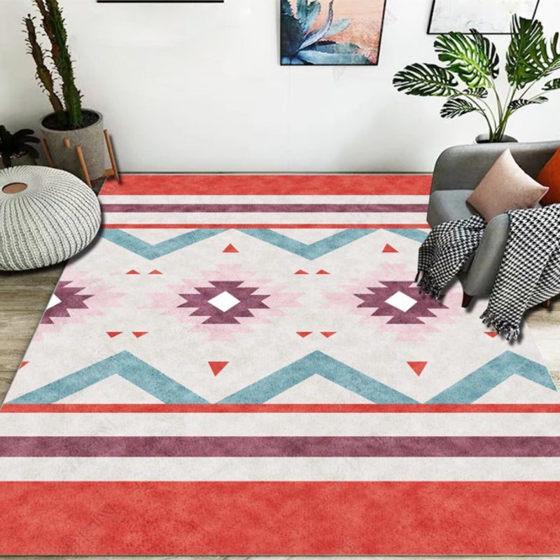 Frendorf | Blauer und Roter Schlafzimmer Teppich Marokkanisches Medaillon Dreieck Streifen Muster Bereich Teppich Polyester Antirutsch Teppich