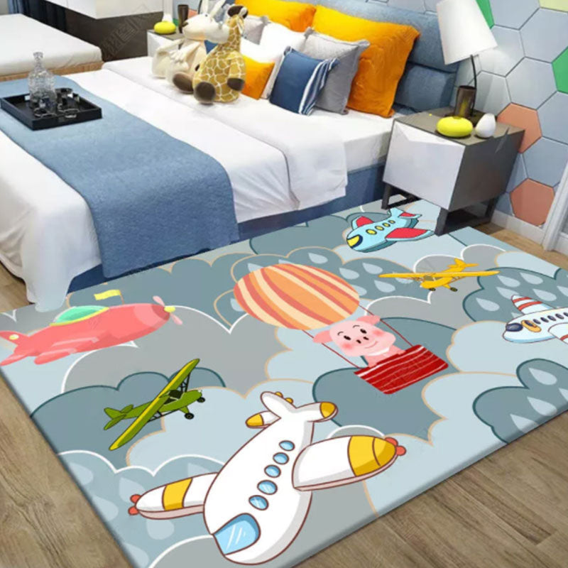 Frendorf | Schöner blauer Kinderteppich Polyester Flugzeuge und Ballon Muster Teppich waschbar haustierfreundlich rutschfester Teppich für das Kinderzimmer