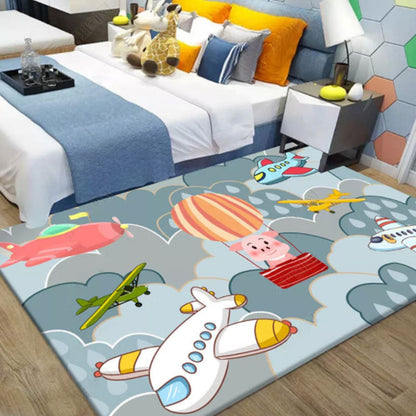 Frendorf | Schöner blauer Kinderteppich Polyester Flugzeuge und Ballon Muster Teppich waschbar haustierfreundlich rutschfester Teppich für das Kinderzimmer