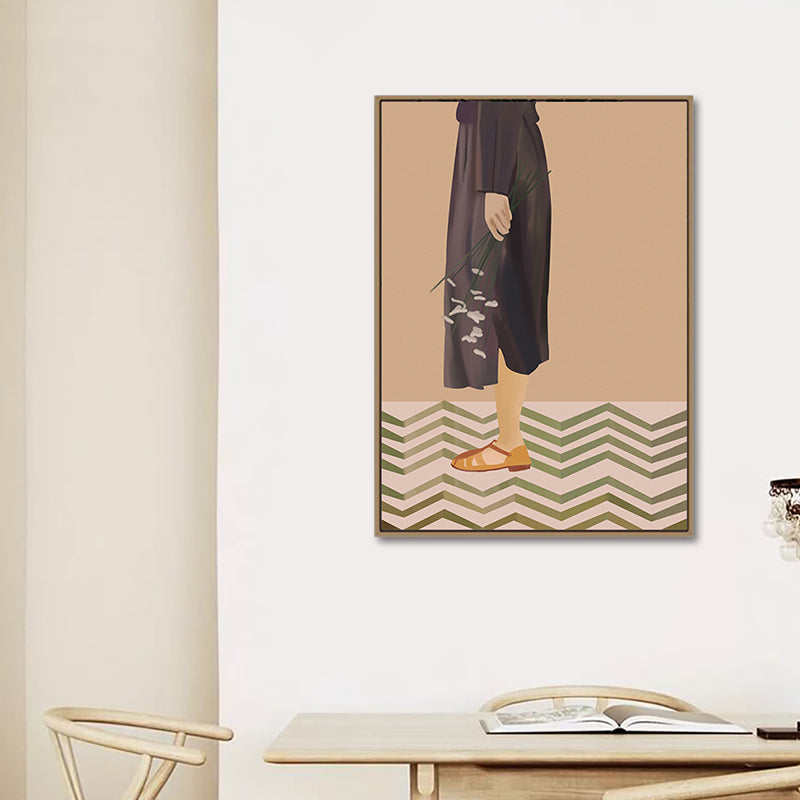 Frendorf | Braune Funky Leinwand Wandkunst Illustrierte Mädchen im schwarzen Kleid Wanddekoration für das Schlafzimmer