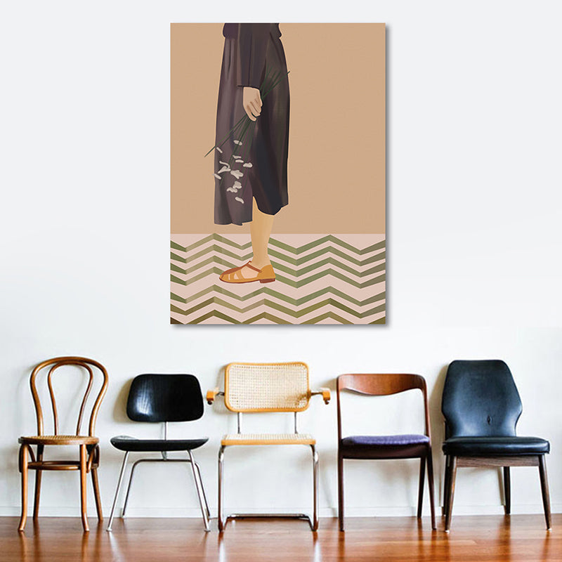 Frendorf | Braune Funky Leinwand Wandkunst Illustrierte Mädchen im schwarzen Kleid Wanddekoration für das Schlafzimmer