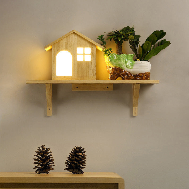 Frendorf | Beige Lodge Wandleuchte Einrichtung Nordische Holz LED Wandschrank mit Ablage, Warm/Weiße Licht