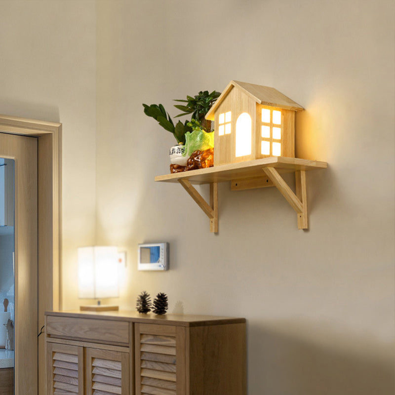 Frendorf | Beige Lodge Wandleuchte Einrichtung Nordische Holz LED Wandschrank mit Ablage, Warm/Weiße Licht