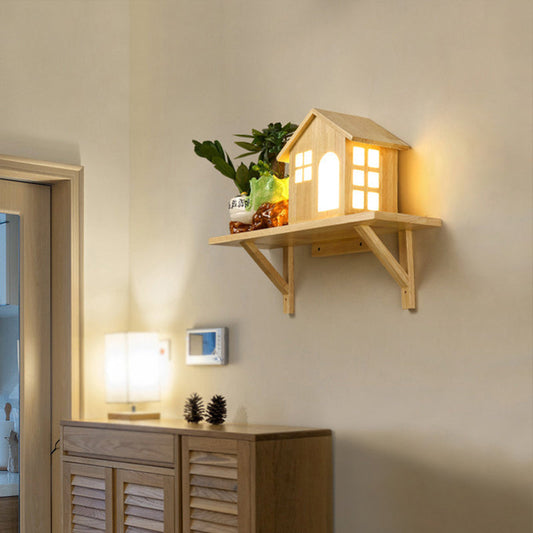 Frendorf | Beige Lodge Wandleuchte Einrichtung Nordische Holz LED Wandschrank mit Ablage, Warm/Weiße Licht