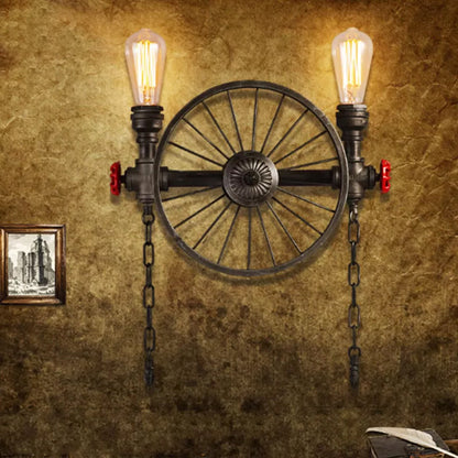 Steampunk Rohr Rad Wand Leuchte 2/4-Kopf Eisen Wand Licht Vorrichtung mit Kette und Ventil in Bronze