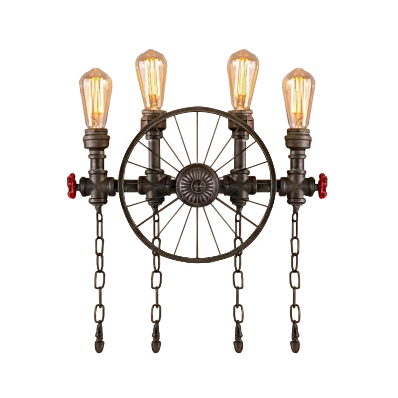 Steampunk Rohr Rad Wand Leuchte 2/4-Kopf Eisen Wand Licht Vorrichtung mit Kette und Ventil in Bronze