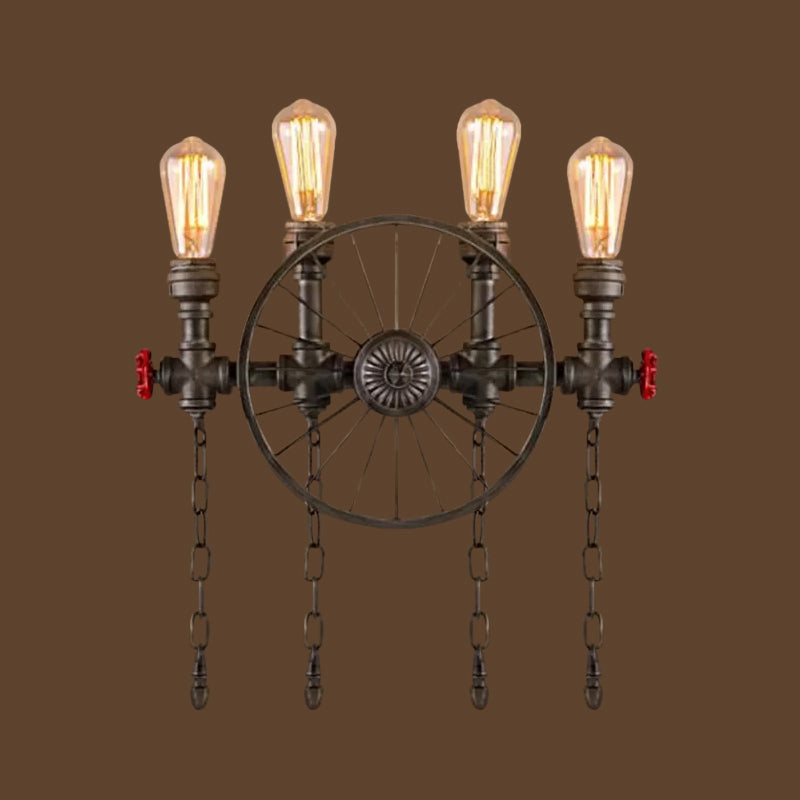 Steampunk Rohr Rad Wand Leuchte 2/4-Kopf Eisen Wand Licht Vorrichtung mit Kette und Ventil in Bronze